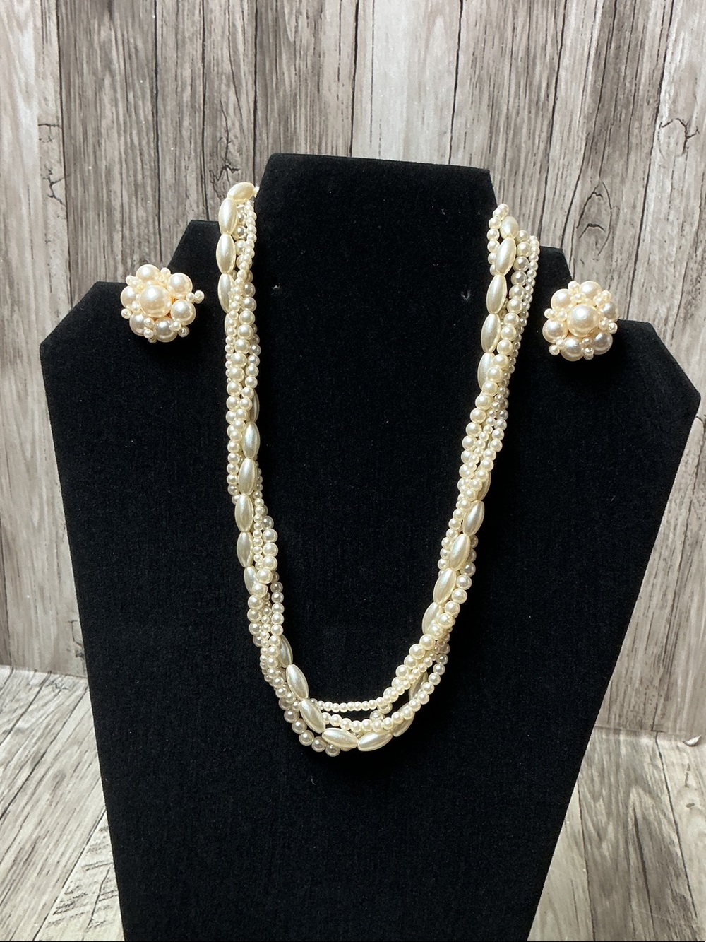 Classic faux Pearl Multi-Strand Necklace & Clip on Cluster Earrings - Ivory